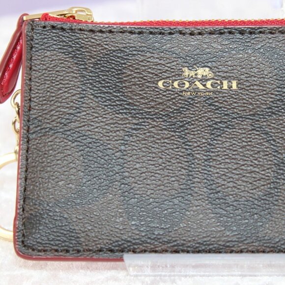 Coach Signature PVC Leather Corner Zip ID Case with Key Ring – Brown/Red - Picture 1 of 6